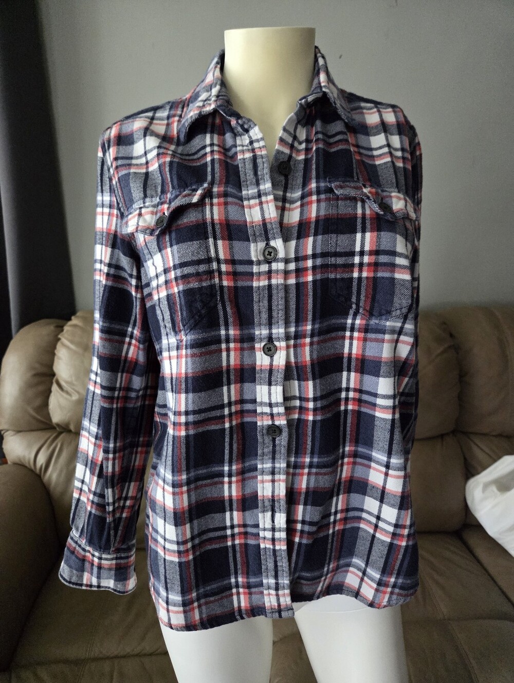 Ladies Size Small Classic Navy Red and White Plaid Button-Up Shirt